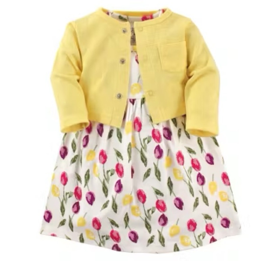 Luvable Friends girl floral Easter spring dress w/yellow cardigan 18 month NWOT